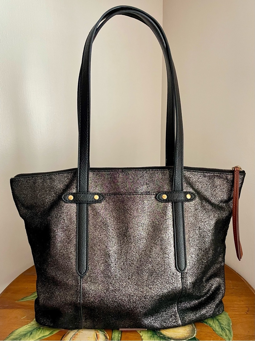 Fossil ‘Felicity’ Tote Black Leather & Metallic Shimmer w/ Zipper Closure